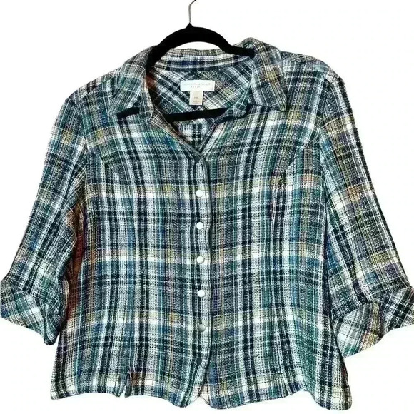 Christopher & Banks Petite Blue Plaid Tweed Button Up Shirt Jacket Size XL - Picture 1 of 7